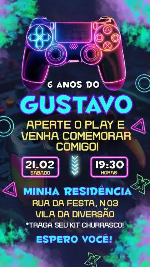 Convite de Aniversário Gamer Neon com Controle para Editar