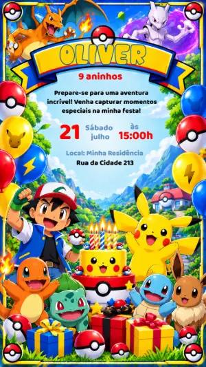 Convite de Aniversário Pokémon com Ash e Pikachu para Editar