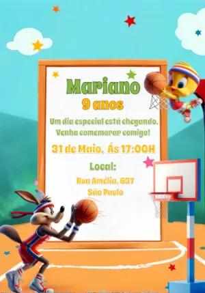 Convite Aniversário Looney Tunes Basquete para Editar Online