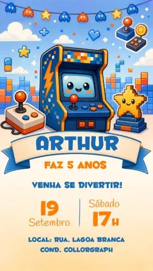 Convite de Aniversário Fliperama Retrô para Editar Online