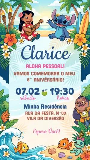 Convite de Aniversário Lilo e Stitch Tropical Editável