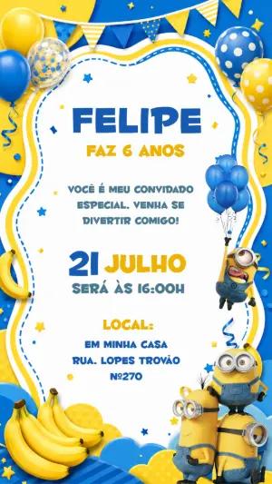 Convite de Aniversário Minions Amarelo e Azul para Editar