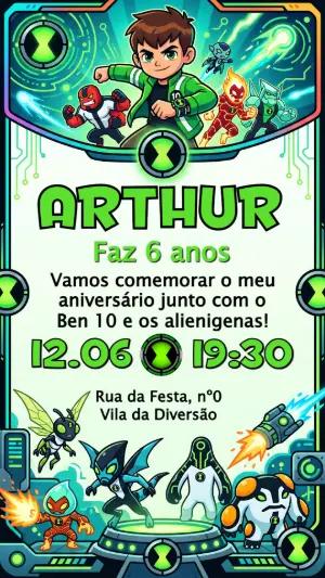 Convite Digital Ben 10 e Alienígenas Editável para Festa Infantil