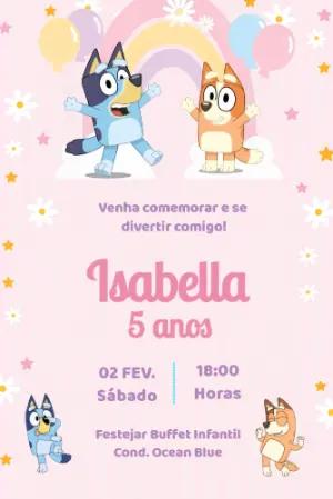 Convite de Aniversário Bluey Rosa Infantil para Editar