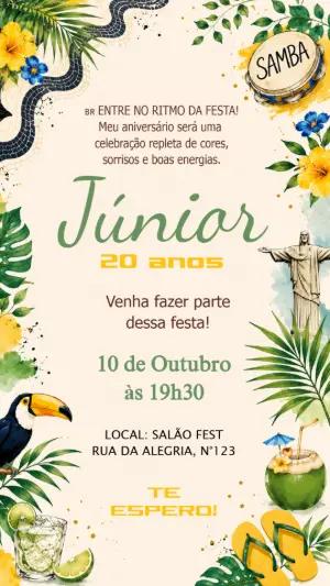 Convite Editável Aniversário Tema Brasilidade e Samba
