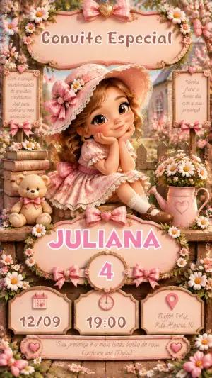 Convite de Aniversário Menina no Jardim Rosa Editável