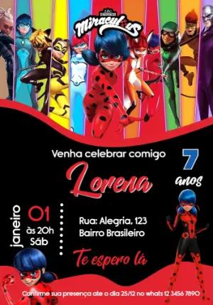 Convite de Aniversário Miraculous Ladybug Modelo Digital Editável