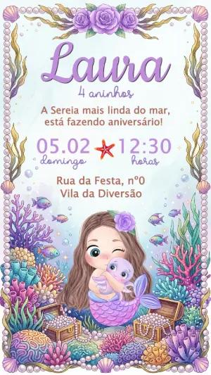 Convite de Aniversário Sereia Fundo do Mar Editável