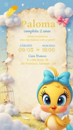 Convite de Aniversário Passarinho Amarelo Fofo Editável
