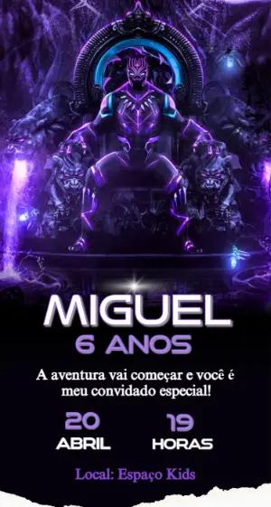Convite de Aniversário Pantera Negra Roxo Editável