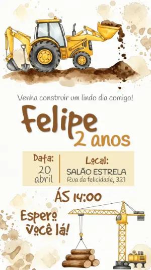 Convite de Aniversário Construção Trator Editável