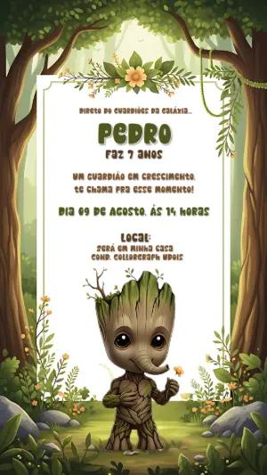Convite Aniversário Baby Groot Guardiões da Galáxia Editável