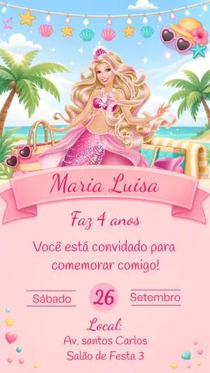 Convite Aniversário Barbie Sereia na Praia Editável