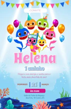 Convite de Aniversário Baby Shark Fundo do Mar Editável