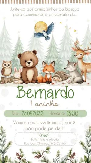 Convite de Aniversário Animais do Bosque Aquarela Editável