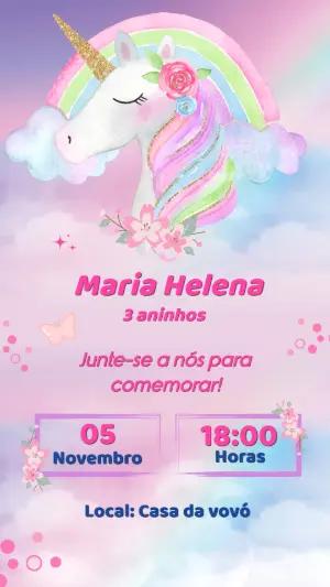 Convite de Aniversário Unicórnio Aquarela Mágico para Editar