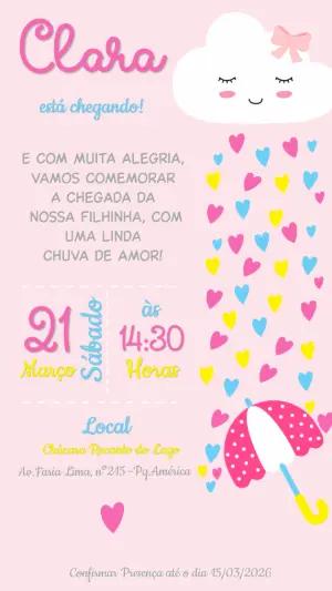 Convite Chá de Bebê Chuva de Amor Rosa para Editar