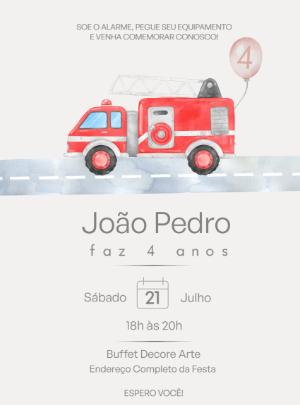 Convite de Aniversário Caminhão de Bombeiros para Editar