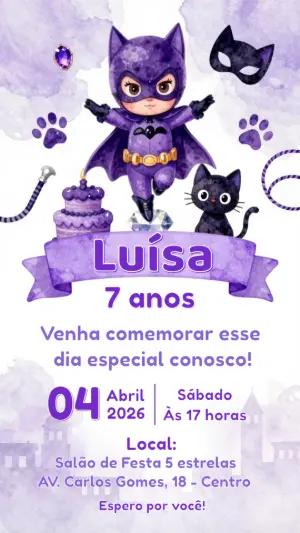 Convite de Aniversário Heroína Gatinha Roxo Modelo Editável