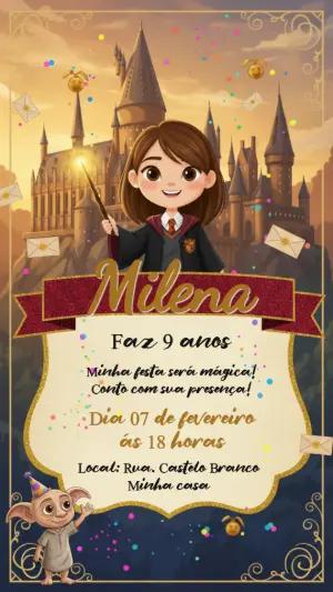 Convite de Aniversário Mágico Harry Potter para Menina Editável