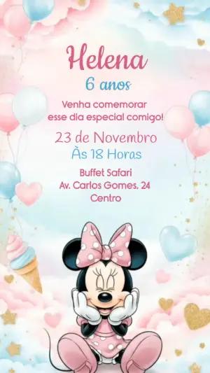 Convite Animado Aniversário Minnie Rosa nas Nuvens para Editar