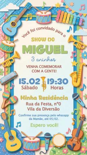 Convite de Aniversário Infantil Instrumentos Musicais Editável