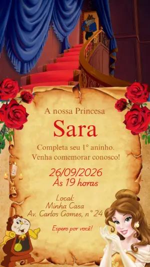 Convite Animado Aniversário A Bela e a Fera para Editar