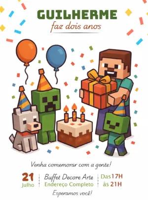 Convite Aniversário Minecraft com Personagens para Editar Online