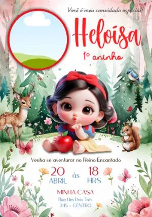 Convite com Foto Branca de Neve Baby no Bosque para Editar