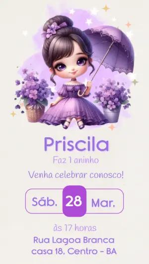 Convite de Aniversário Boneca Lilás para Editar