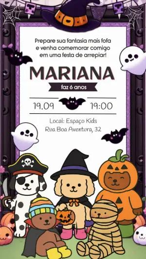 Convite de Aniversário Halloween com Animais Fofos para Editar