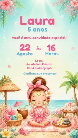 Convite Aniversário Spa Day na Praia | Modelo Digital Editável