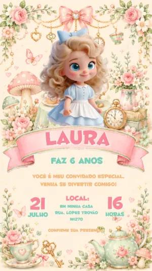Convite de Aniversário Alice no País das Maravilhas Editável