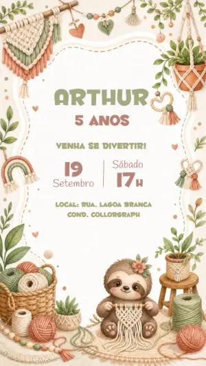Convite Aniversário Bicho-Preguiça Boho Editável