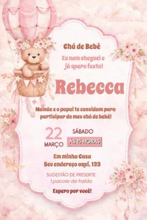 Convite Chá de Bebê Ursinha no Balão Boho Rosa Editável