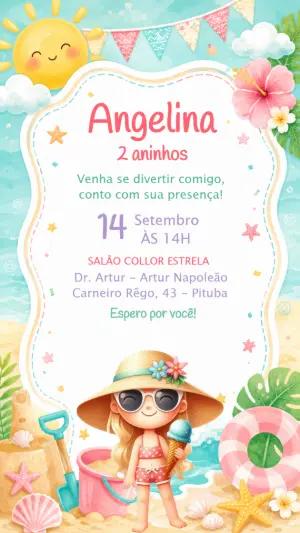 Convite de Aniversário Praia Menina Loira para Editar