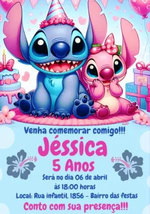 Convite de Aniversário Stitch e Angel para Editar Online