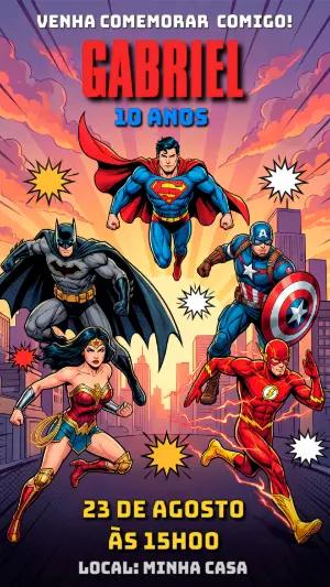 Convite Digital Super Heróis para Aniversário Editável