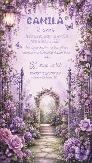 Convite de Aniversário Jardim Encantado Lilás e Roxo Editável
