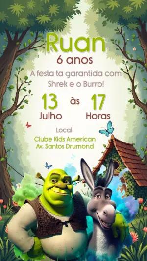 Convite Aniversário Shrek e Burro para Editar Online