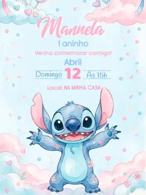 Convite de Aniversário Stitch Aquarela Fofo para Editar