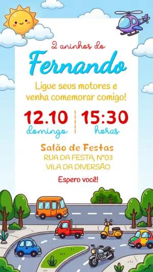 Convite de Aniversário Infantil Transportes para Editar