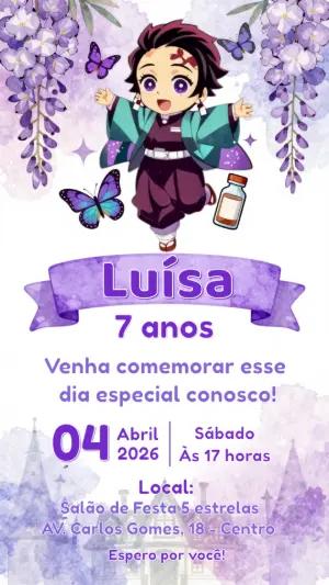 Convite de Aniversário Demon Slayer Lilás para Editar Online