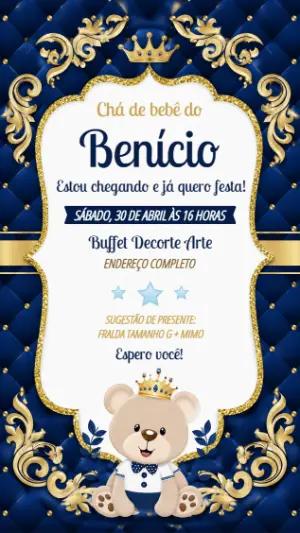 Convite Chá de Bebê Ursinho Realeza Azul e Dourado para Editar