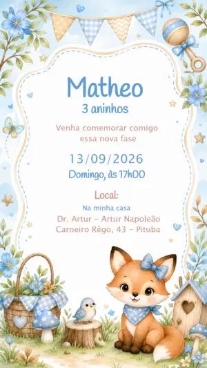 Convite de Aniversário Raposinha no Bosque Editável para Menino