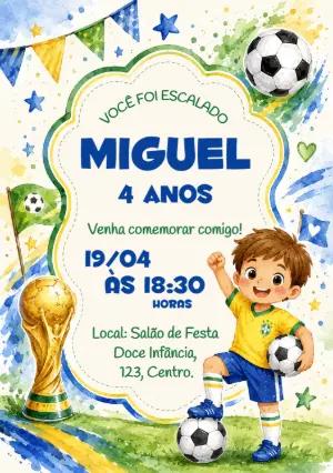 Convite Aniversário Futebol Brasil Aquarela Modelo Editável