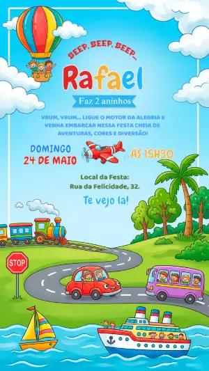 Convite de Aniversário Infantil Tema Transportes Colorido Editável
