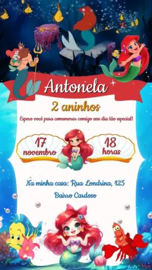 Convite Animado Aniversário Sereia Ariel para Editar Online