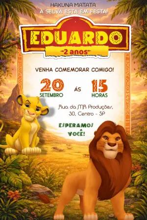 Convite Digital Infantil Tema Rei Leão para Editar e Enviar