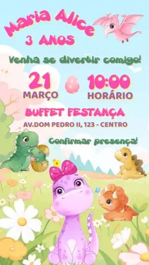 Convite de Aniversário Dino Baby Menina para Editar Online